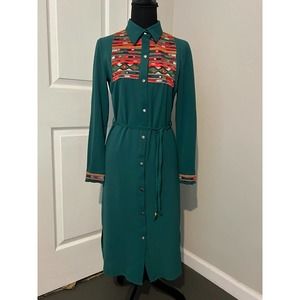 Y.C.F. Style Women's Dress‎ Button Front Embroidered Chest & Cuffs Green Size M